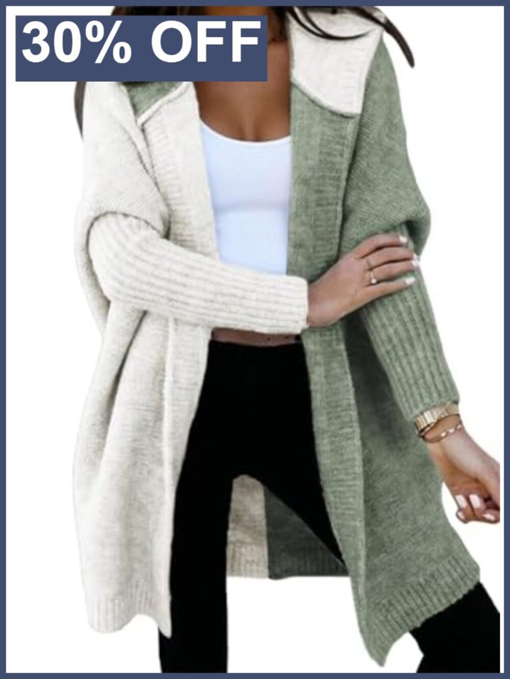 Hooded Knit Cardigan Open Front Long Sleeve Color Block Sweater